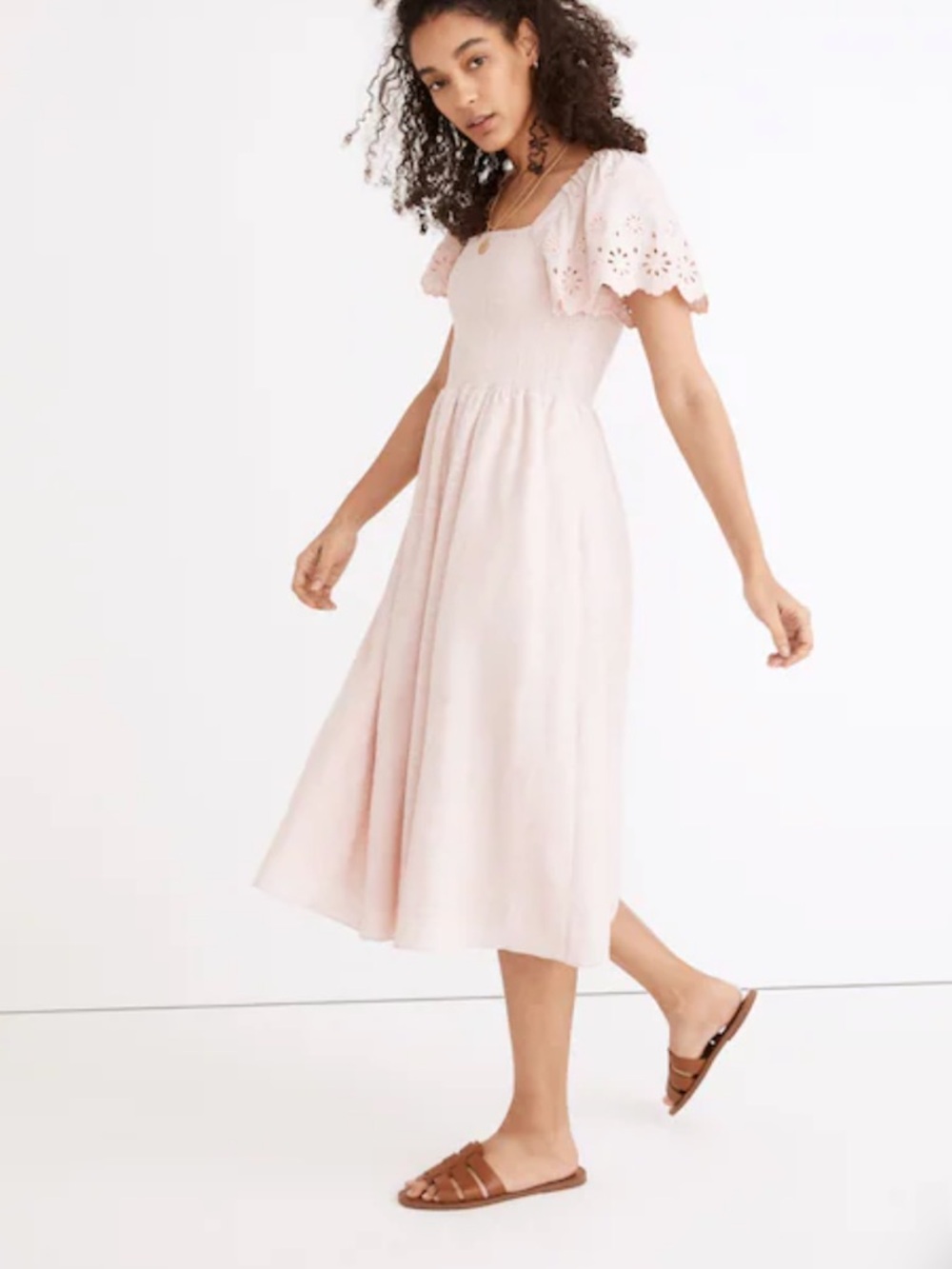Madewell Pink Linen-Blend Eyelet-Sleeve Lucie Smocked Midi Dress Size M